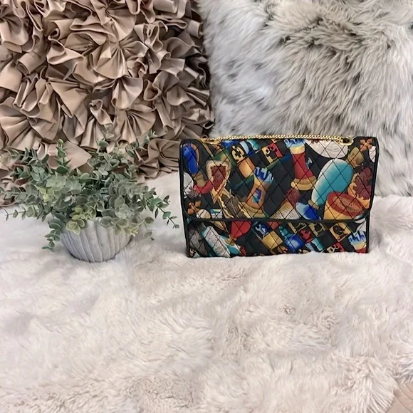 Vintage Nicole Miller Quilted Multi Jewel Tone Satin Absolut Chain Crossbody Bag